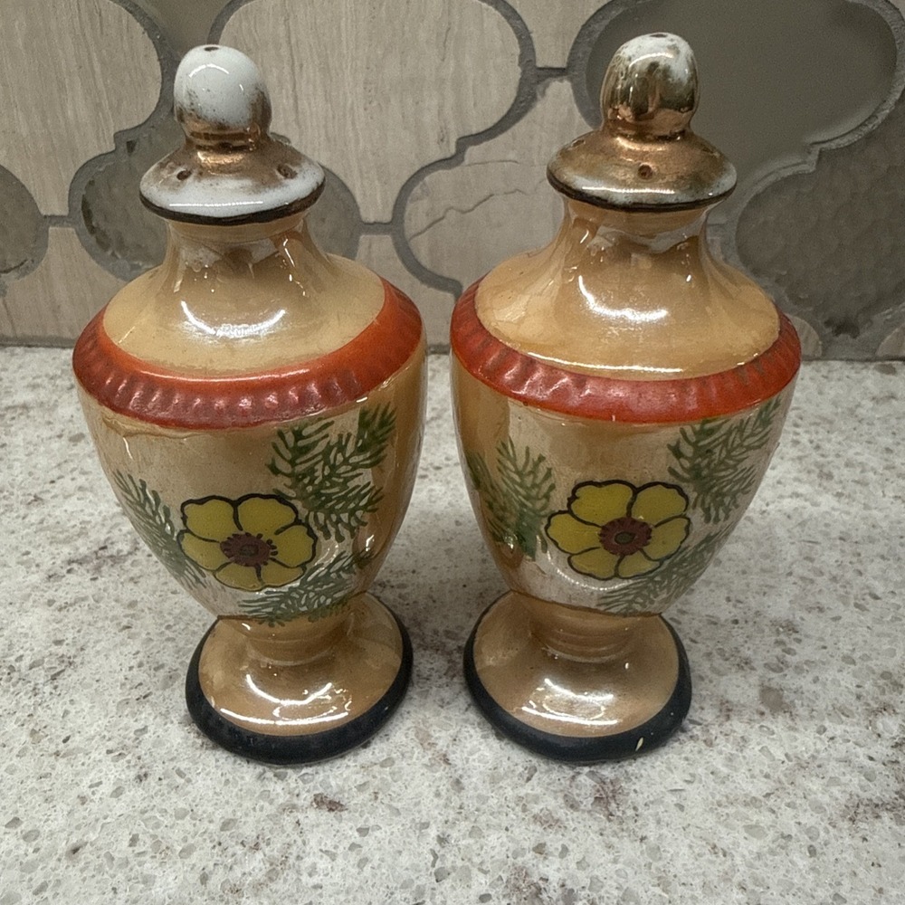 Vintage Floral Vase Shaped Salt & Pepper Shaker Set Made in Japan Hand painted